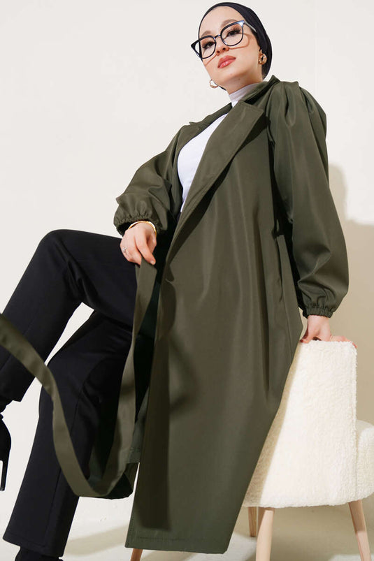 Wrist Elastic Belted Trench Coat Khaki