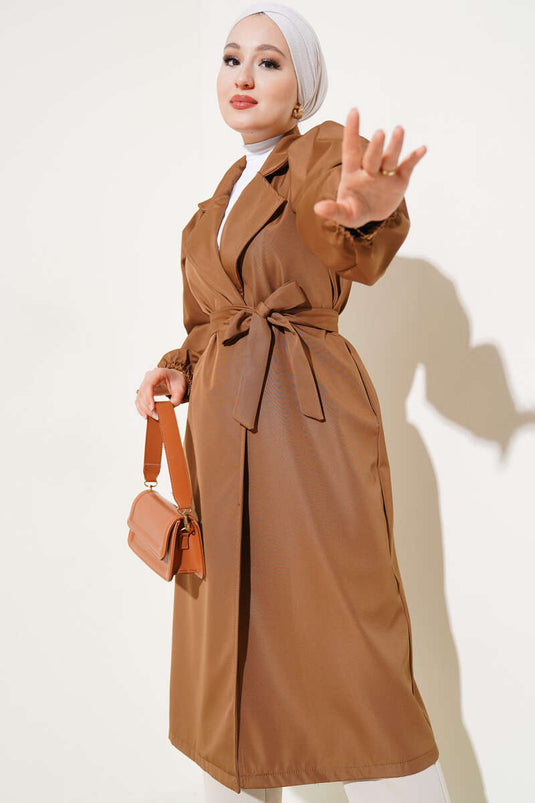 Wrist Elastic Belted Trench Coat Tan