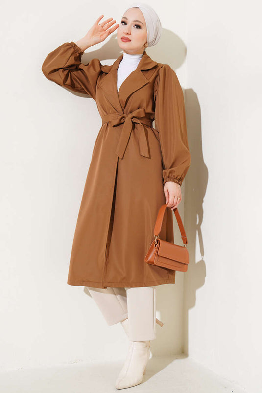 Wrist Elastic Belted Trench Coat Tan