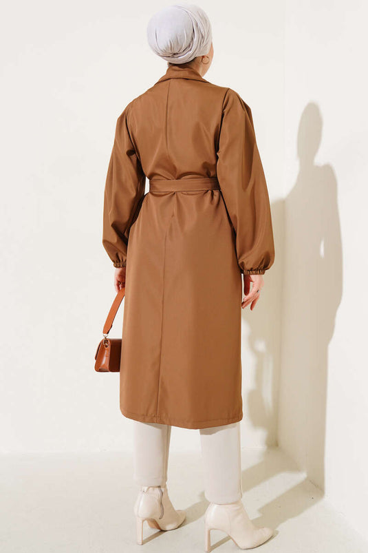 Wrist Elastic Belted Trench Coat Tan