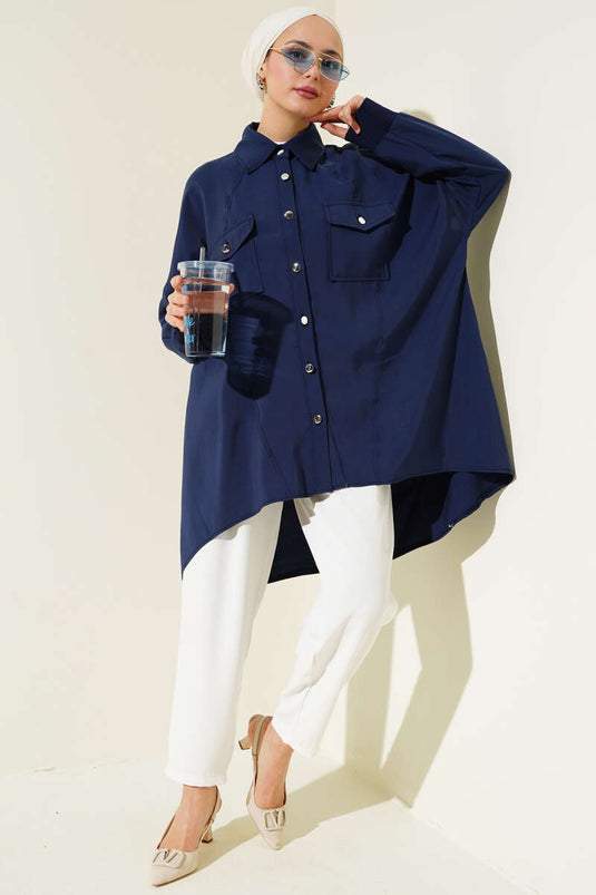 Chemise oversize à côtes aux chevilles - Bleu marine