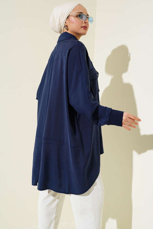 Chemise oversize à côtes aux chevilles - Bleu marine