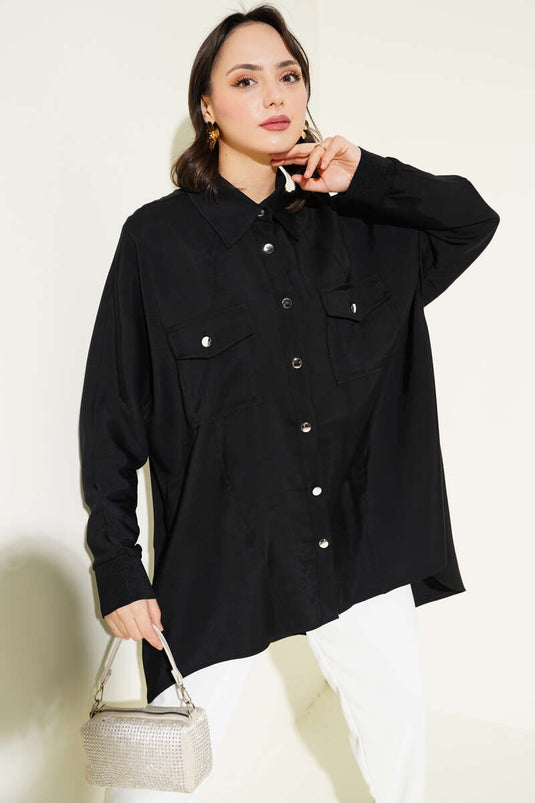 Chemise oversize avec cheville côtelée noire