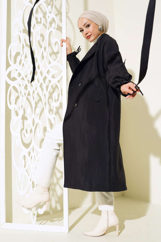 Trench-coat ceinturé à chevilles resserrées, noir