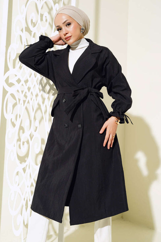 معطف ترنش بحزام مع كاحل نفقي، أسود