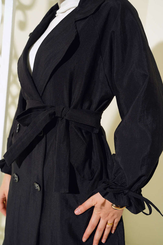 معطف ترنش بحزام مع كاحل نفقي، أسود