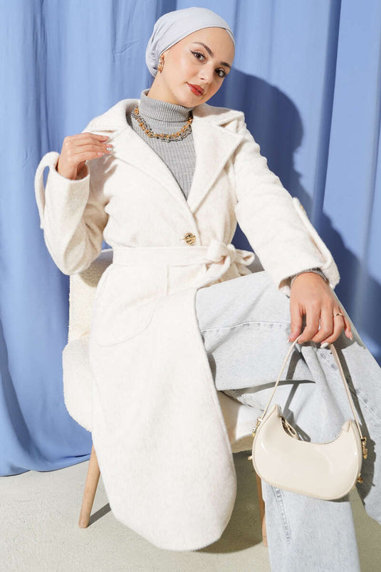 معطف ريش تايلاندي بحزام مع كتاف للمعصم، لون بيج