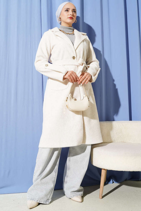 Belted Thai Feather Coat with Wrist Epaulets, Beige