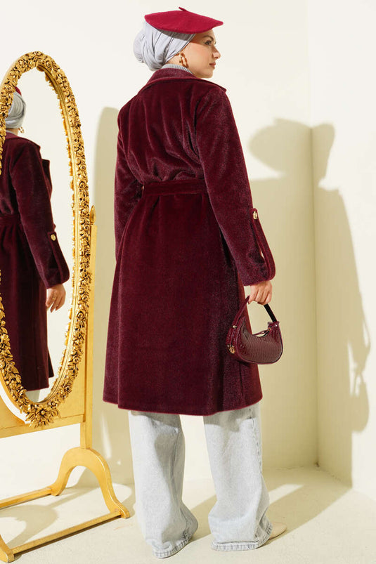 Belted Colt Feather Coat with Wrist Epaulets and Claret Red