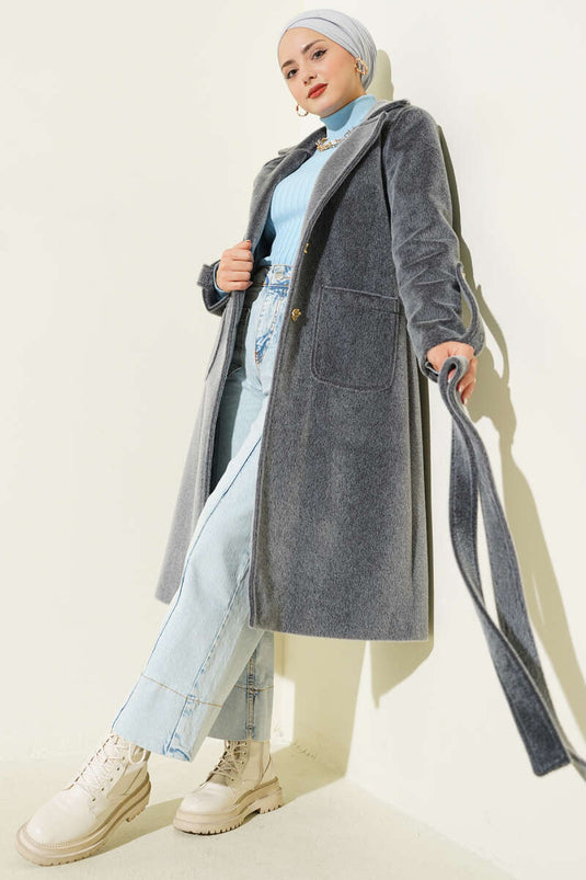 Belted Thai Feather Coat with Wrist Epaulets, Smoke Color