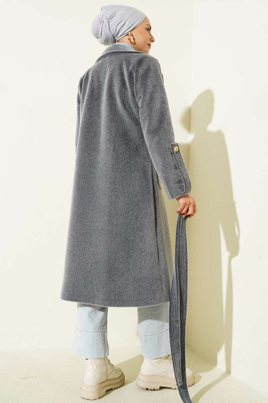 Belted Thai Feather Coat with Wrist Epaulets, Smoke Color