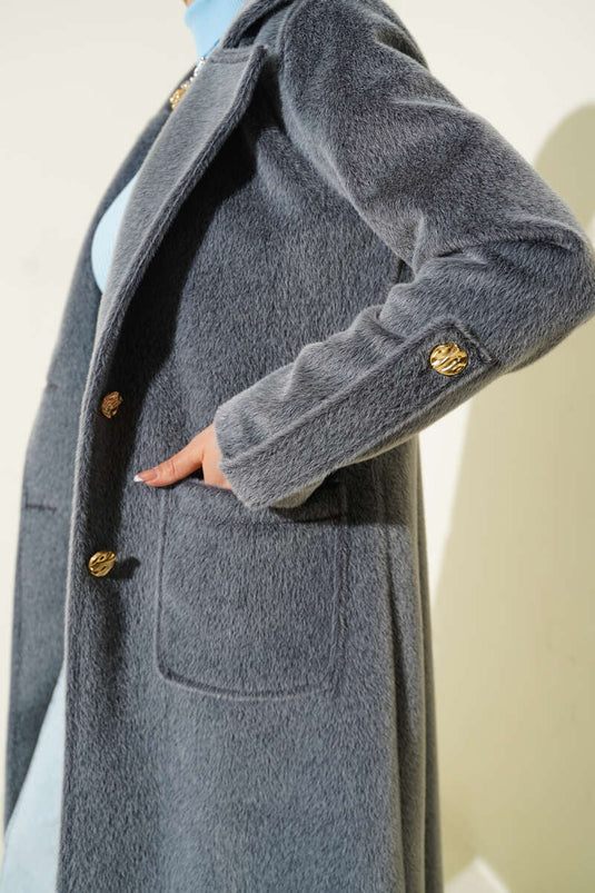 Bilek Apoletli Kuşaklı Tay Tüyü Kaban Füme