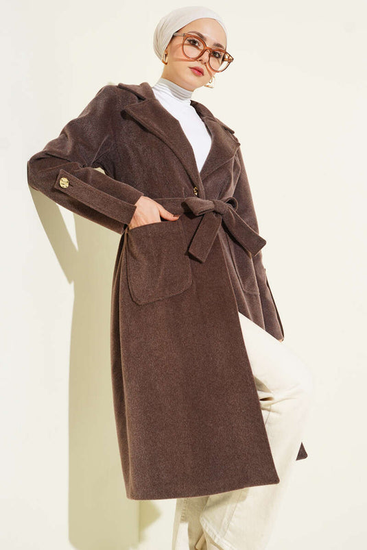 Chestnut Brown Down Coat with Wrist Epaulets and Belt