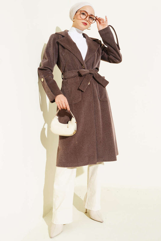 Chestnut Brown Down Coat with Wrist Epaulets and Belt