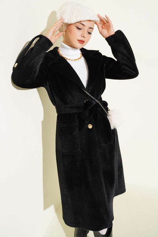 Belted Colt Feather Coat with Wrist Epaulets Black