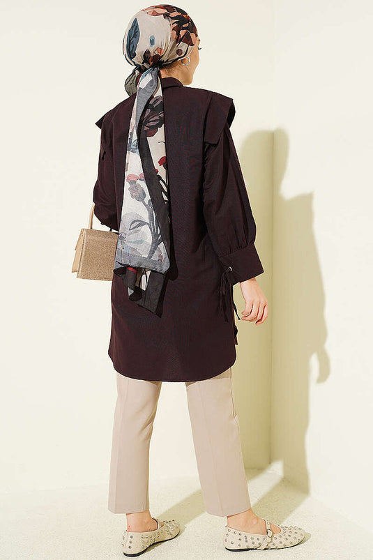 Chemise à manches longues avec lien au poignet, col en V, couleur prune