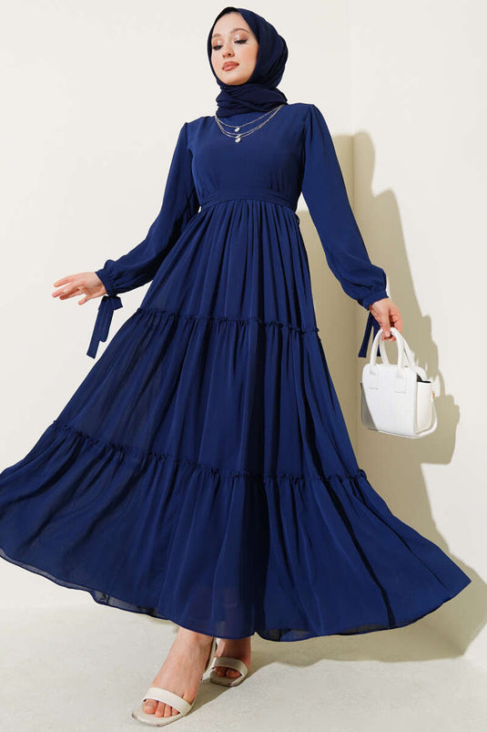 Ankle-Tie Layered Dress, Navy Blue
