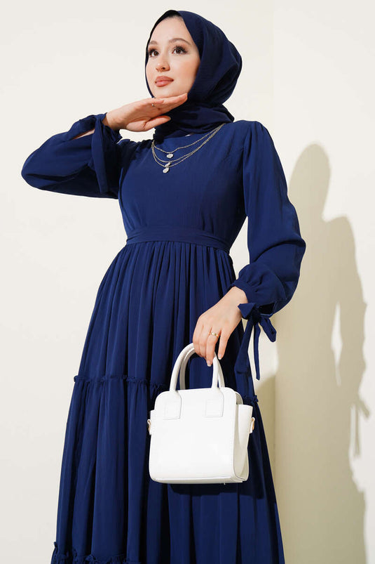 Ankle-Tie Layered Dress, Navy Blue