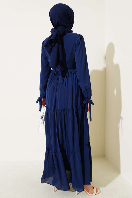 Ankle-Tie Layered Dress, Navy Blue