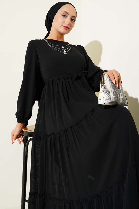 Bilek Bağlamalı Katlı Elbise Siyah