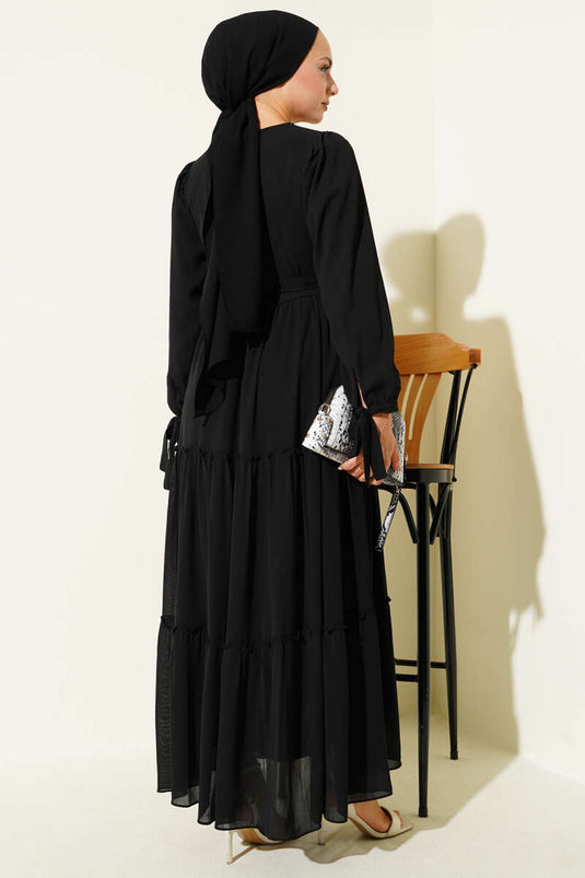 Bilek Bağlamalı Katlı Elbise Siyah