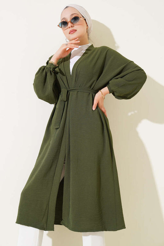 Bilek Bağlamalı Uzun Kimono Haki