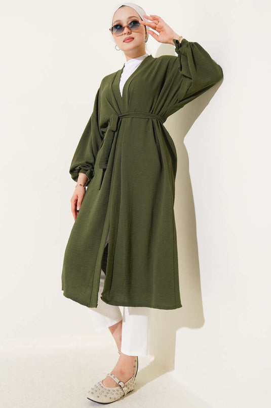 Bilek Bağlamalı Uzun Kimono Haki