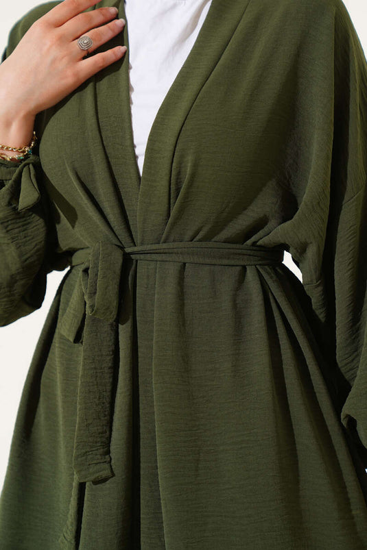 Bilek Bağlamalı Uzun Kimono Haki