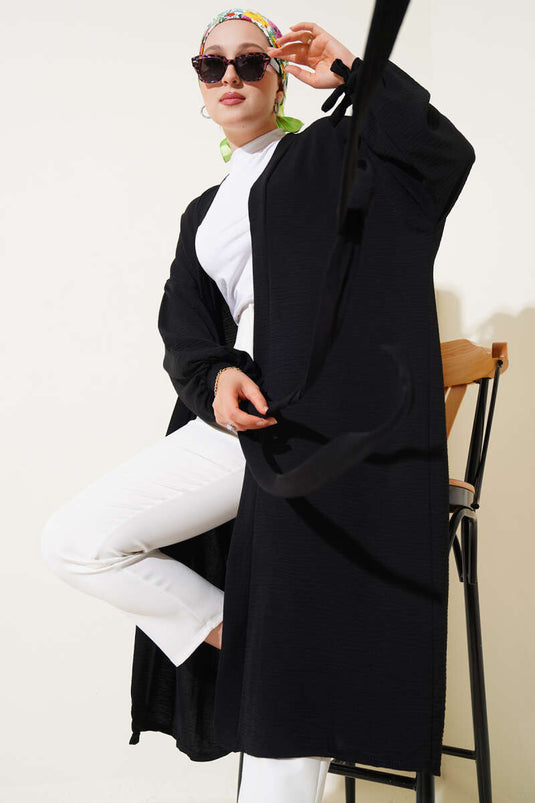 Bilek Bağlamalı Uzun Kimono Siyah