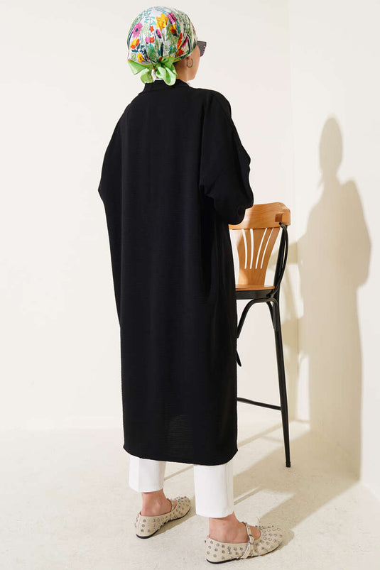 Bilek Bağlamalı Uzun Kimono Siyah