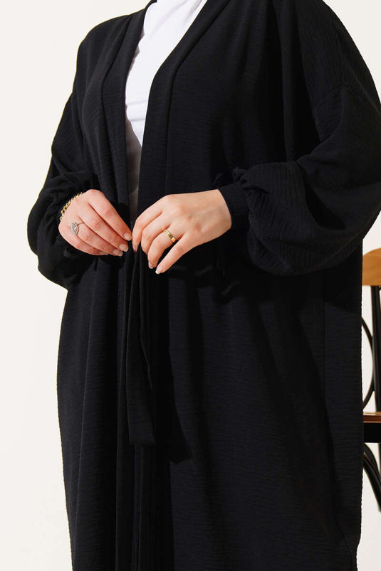 Bilek Bağlamalı Uzun Kimono Siyah