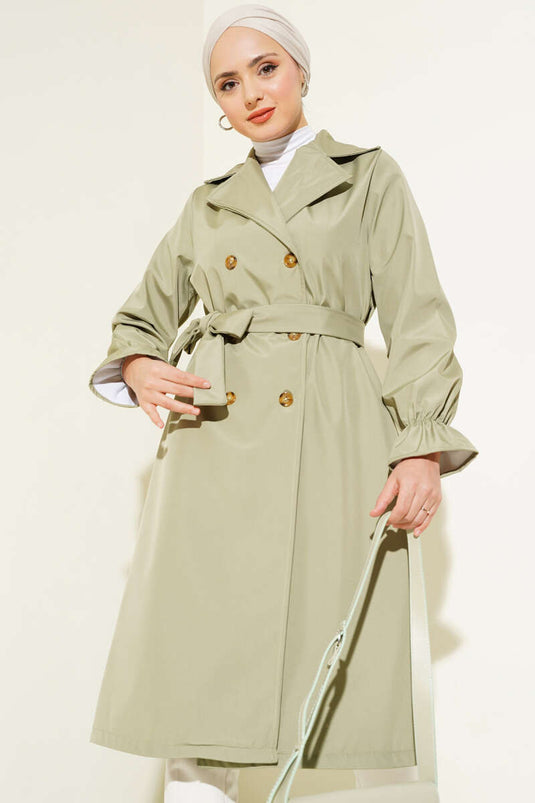 Trench-coat ceinturé à poignets froncés vert