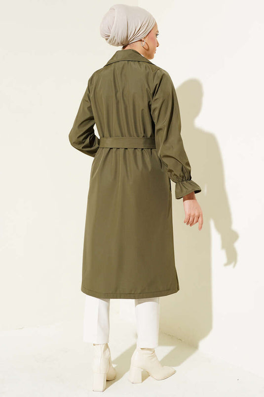 Wrist Gathered Belted Trench Coat Khaki