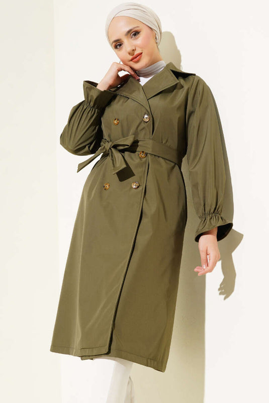 Wrist Gathered Belted Trench Coat Khaki