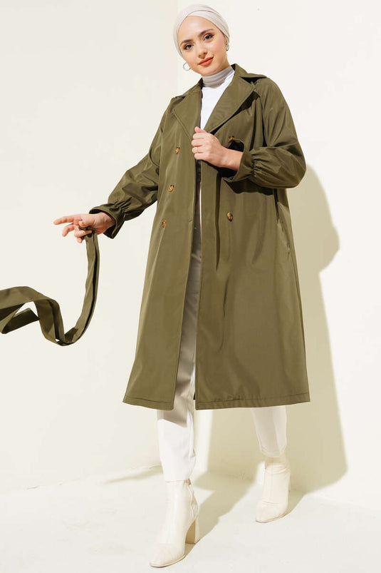 Wrist Gathered Belted Trench Coat Khaki