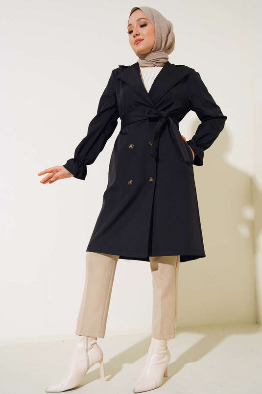 Wrist Gathered Belted Trench Coat Black