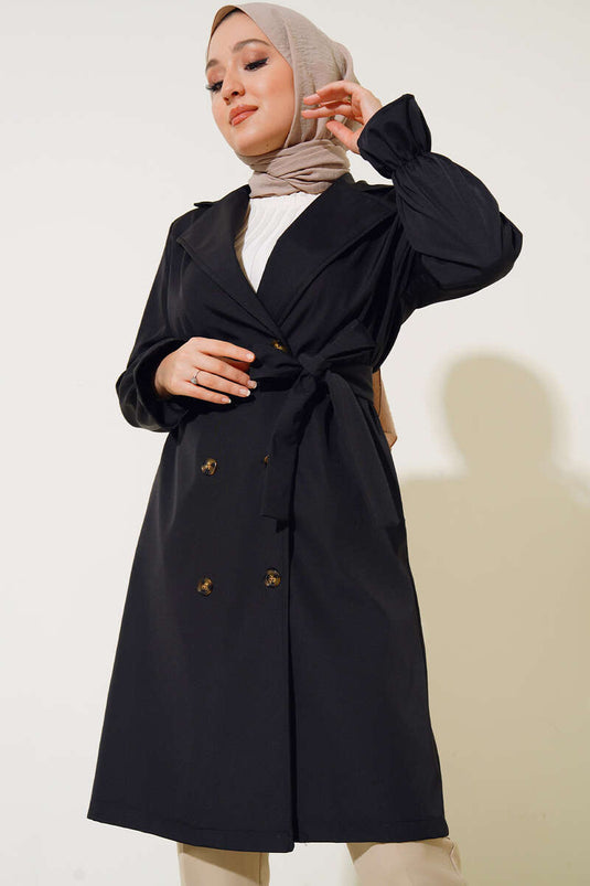 Wrist Gathered Belted Trench Coat Black