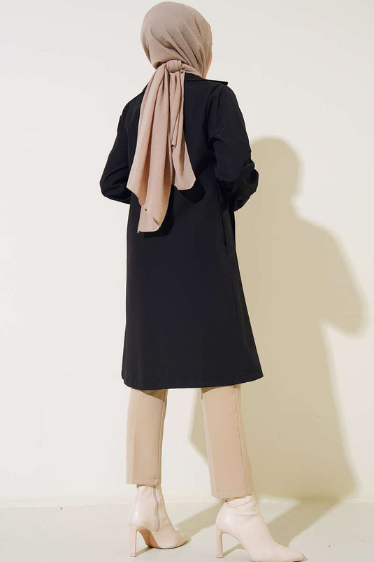 Wrist Gathered Belted Trench Coat Black