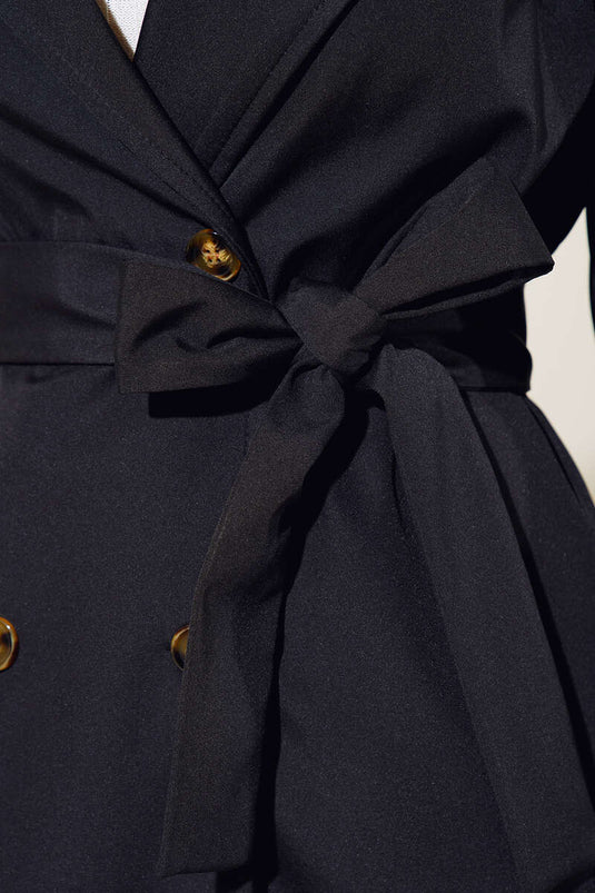 Wrist Gathered Belted Trench Coat Black