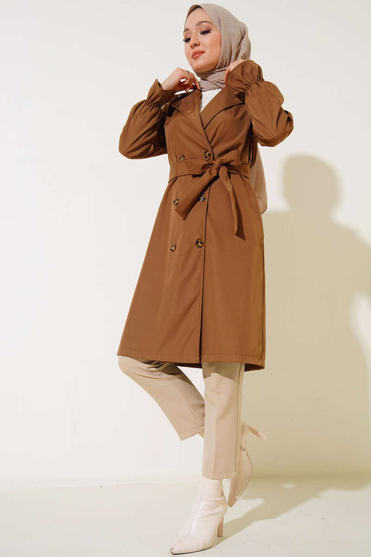 Wrist Gathered Belted Trench Coat Tan