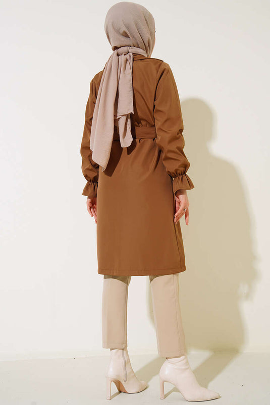 Wrist Gathered Belted Trench Coat Tan