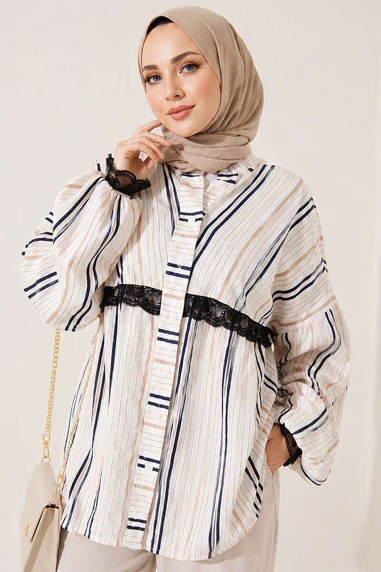 Chemise Rayée Avec Détails En Dentelle Latte