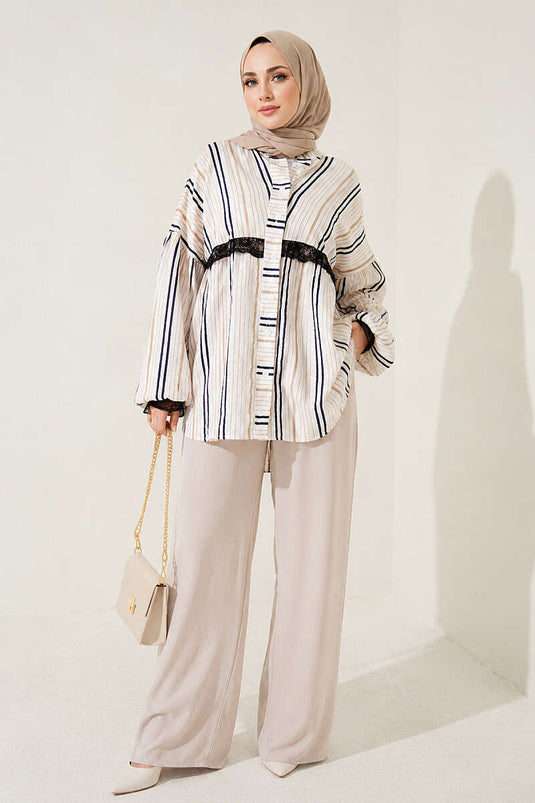 Chemise Rayée Avec Détails En Dentelle Latte