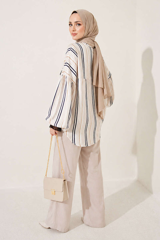 Chemise Rayée Avec Détails En Dentelle Latte