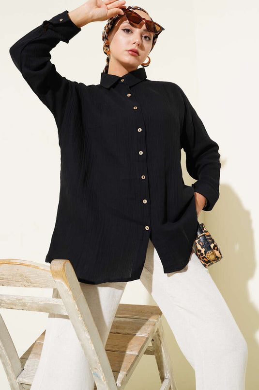 Bilek Düğmeli Basic Gömlek Siyah