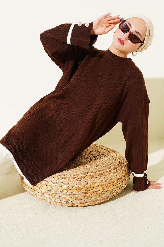 Ribbed Knit Tunic with Cuff Buttons, Brown