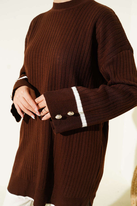 Ribbed Knit Tunic with Cuff Buttons, Brown
