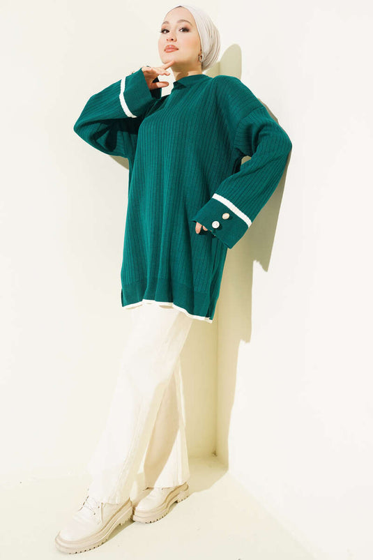 Ribbed Knit Tunic with Cuff Buttons, Navy Blue