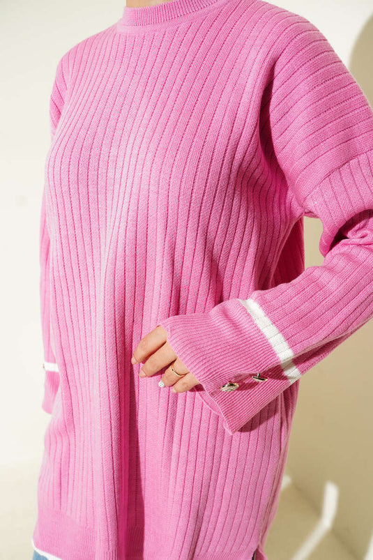 Bilek Düğmeli Fitilli Triko Tunik Pembe