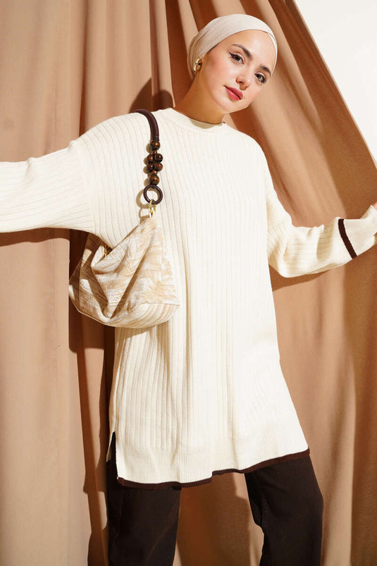 Ribbed Knit Tunic with Cuff Buttons in Stone